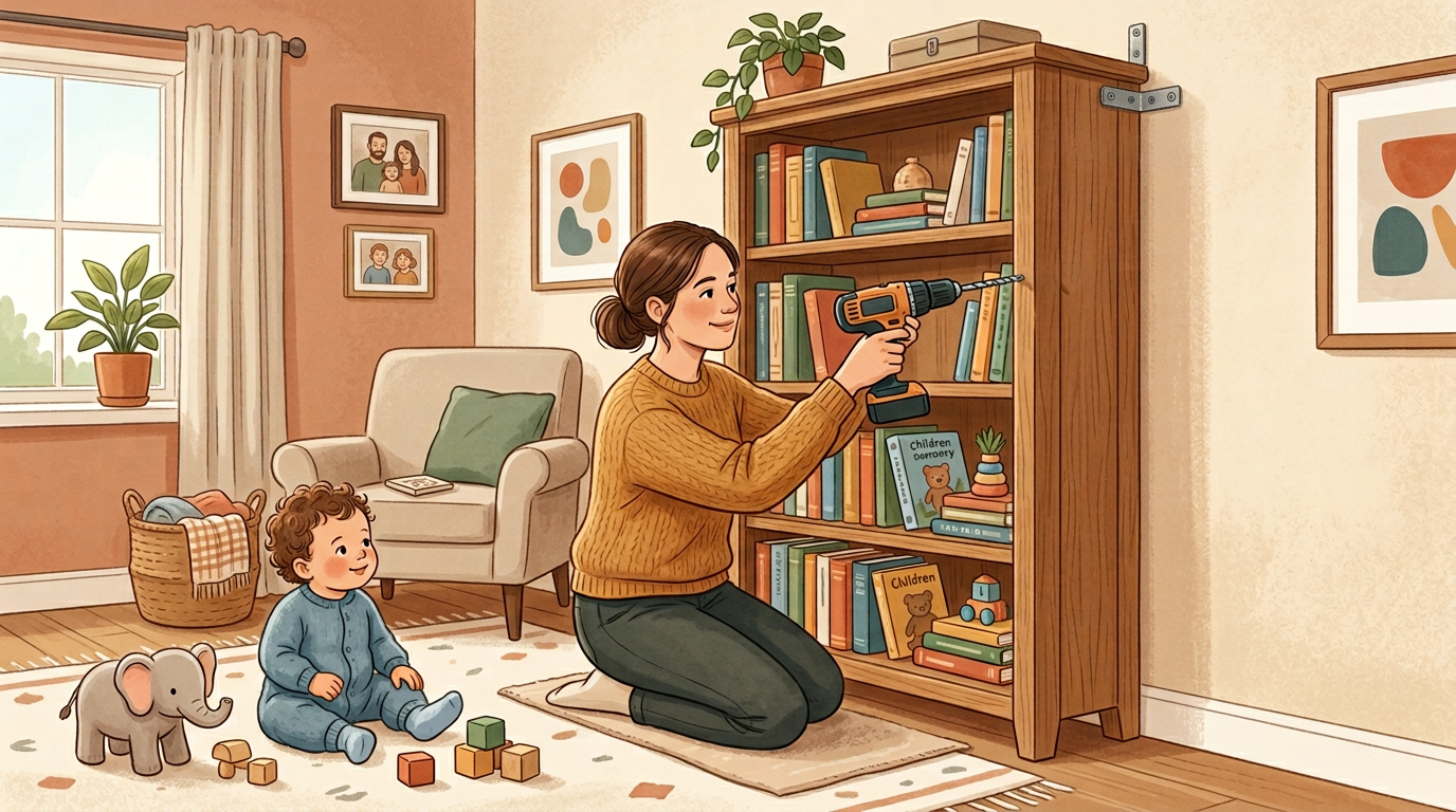 Parent drilling a wall anchor into a bookshelf to prevent tip-overs