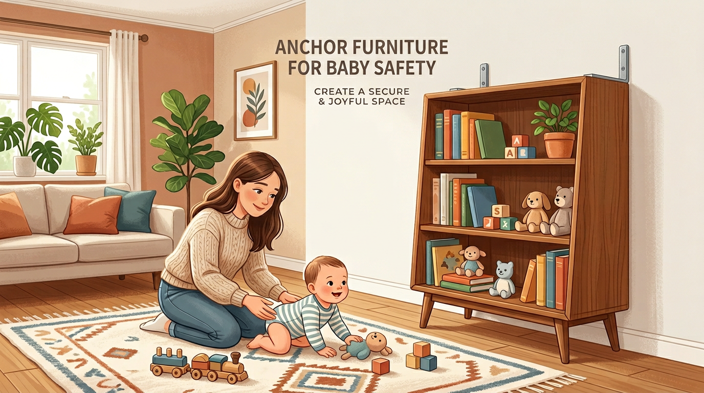 Parent and baby in a living room with anchored bookshelf furniture