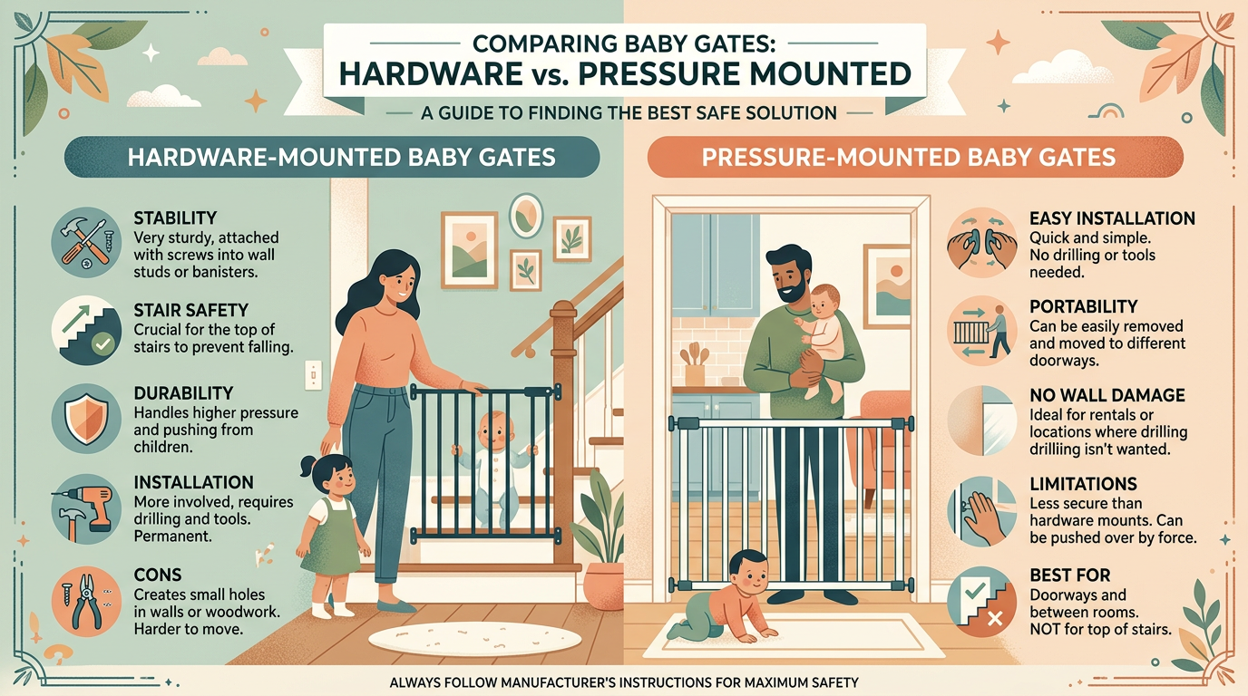 Comparison of hardware-mounted and pressure-mounted baby gates