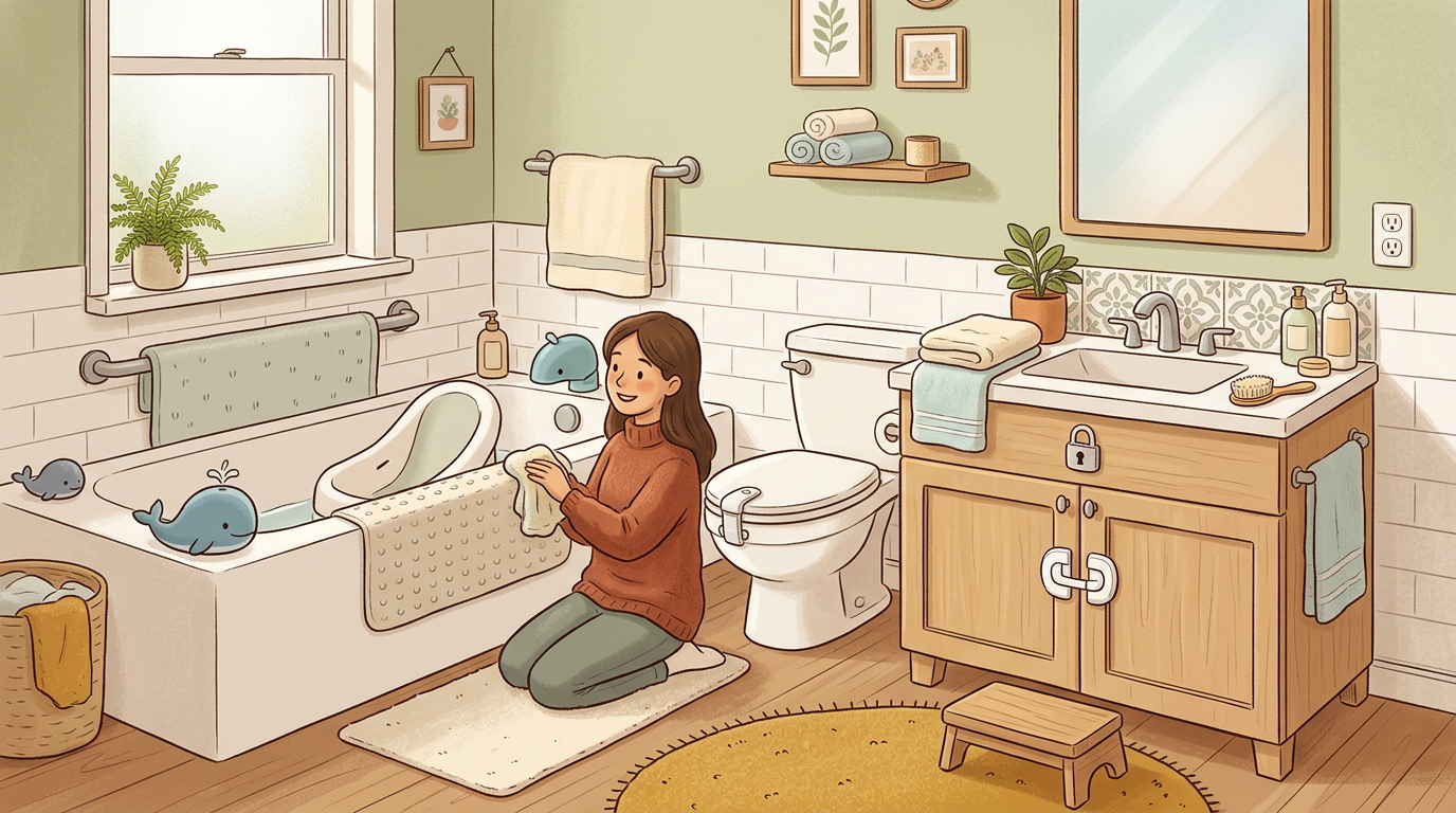 Parent baby proofing a bathroom with toilet lock and cabinet safety