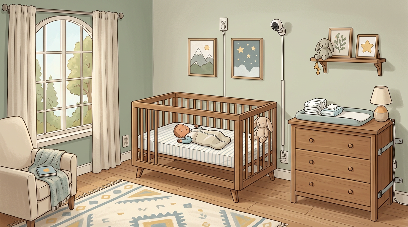 Safe nursery setup with crib, anchored dresser, and baby monitor