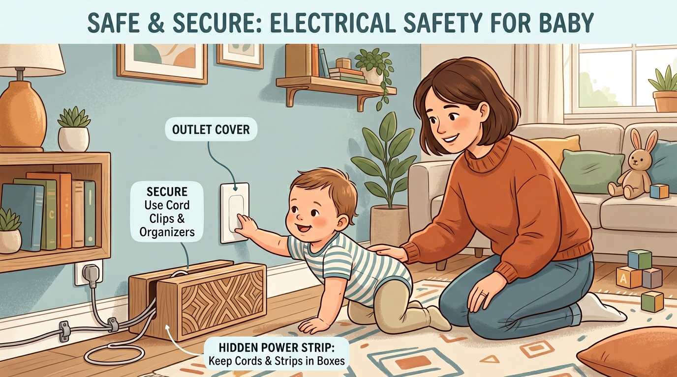 Outlet covers, cord organizers, and hidden power strips for electrical safety