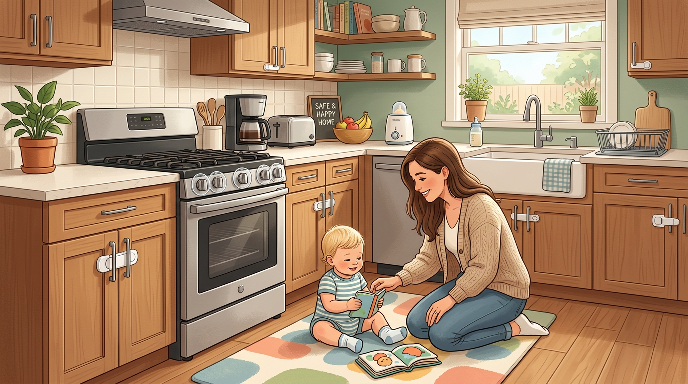 Parent and baby in a baby-proofed kitchen with cabinet locks and stove knob covers