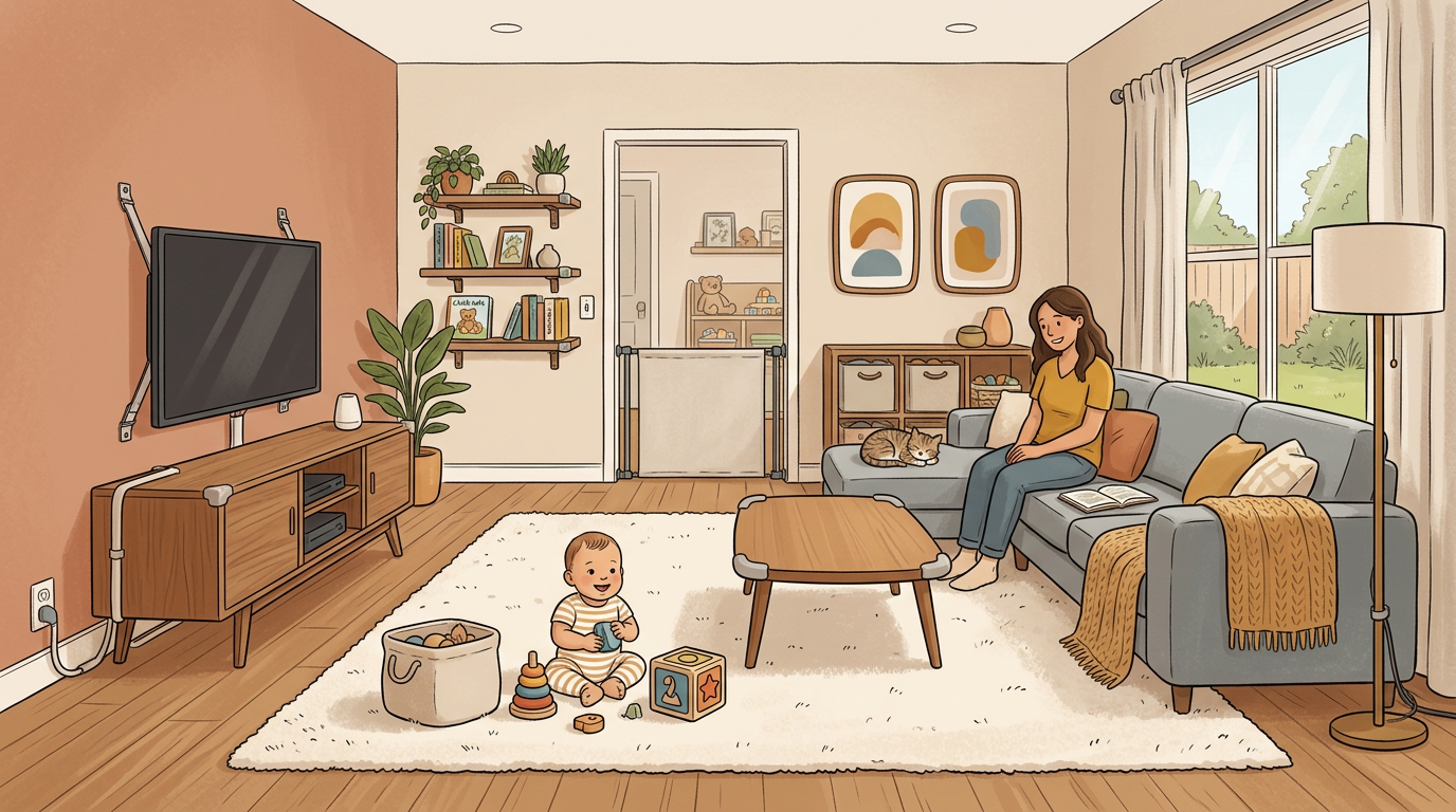 Baby-proofed living room with mounted TV, covered outlets, and safe play area