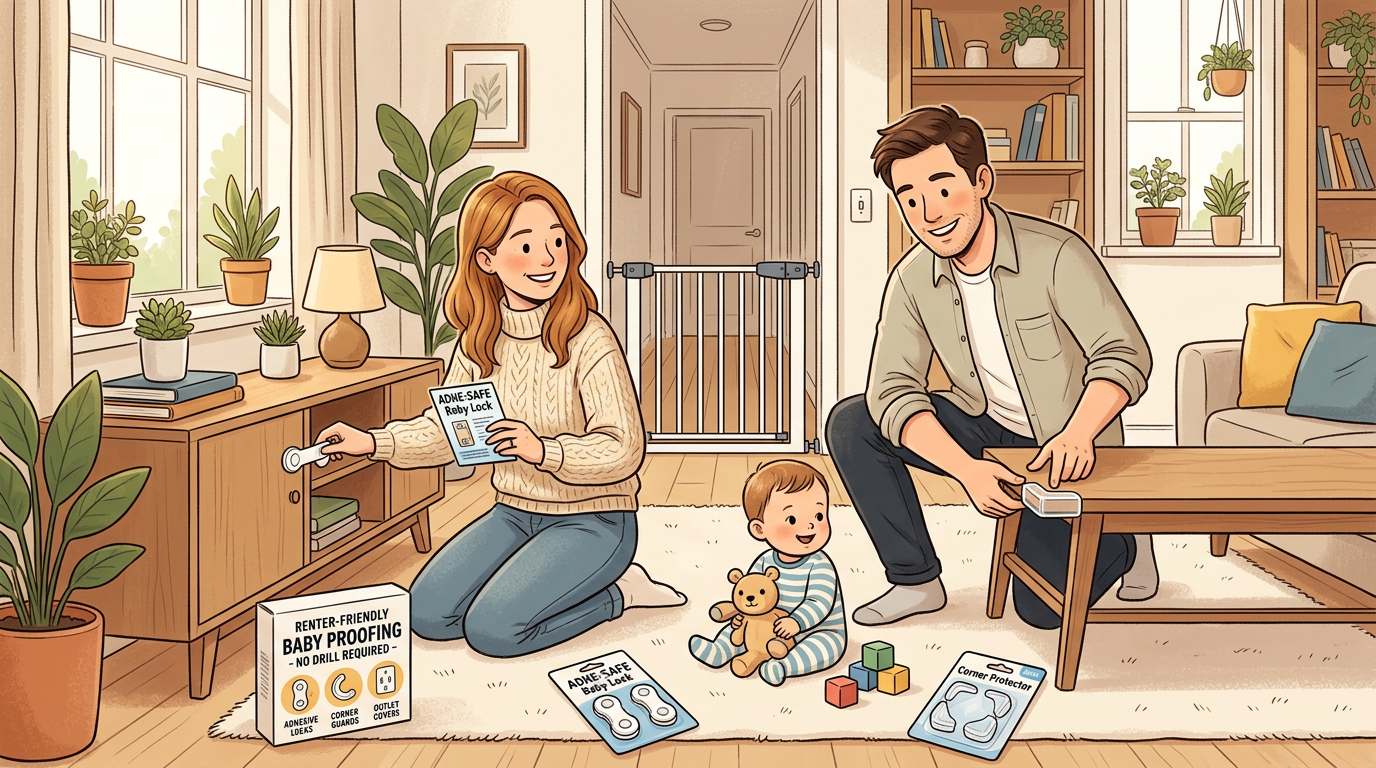 Parents in an apartment using renter-friendly baby proofing products with a pressure-mounted gate