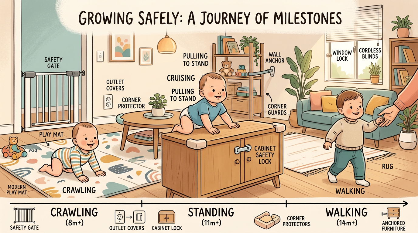 Baby development milestones from crawling to standing to walking with safety products for each stage
