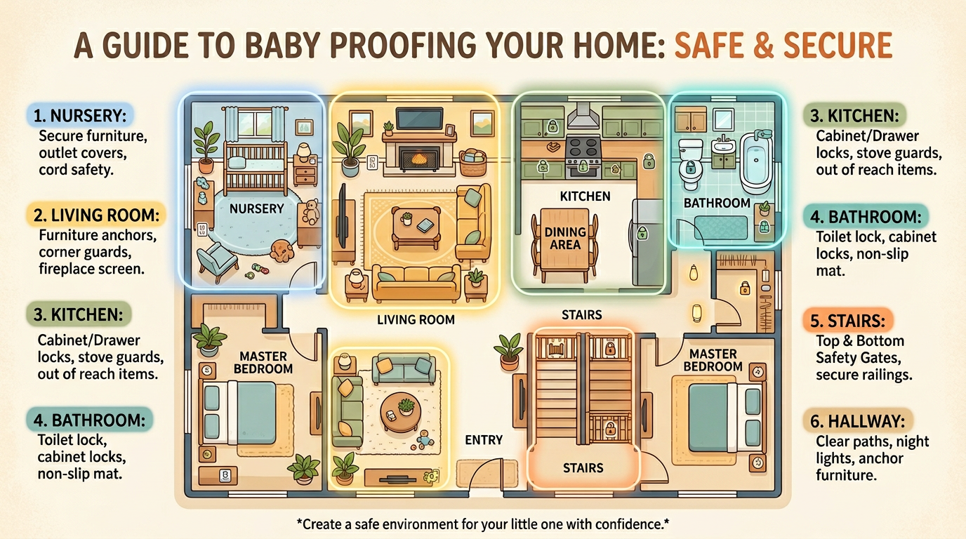 Illustrated floor plan showing baby proofing priorities in every room of the house