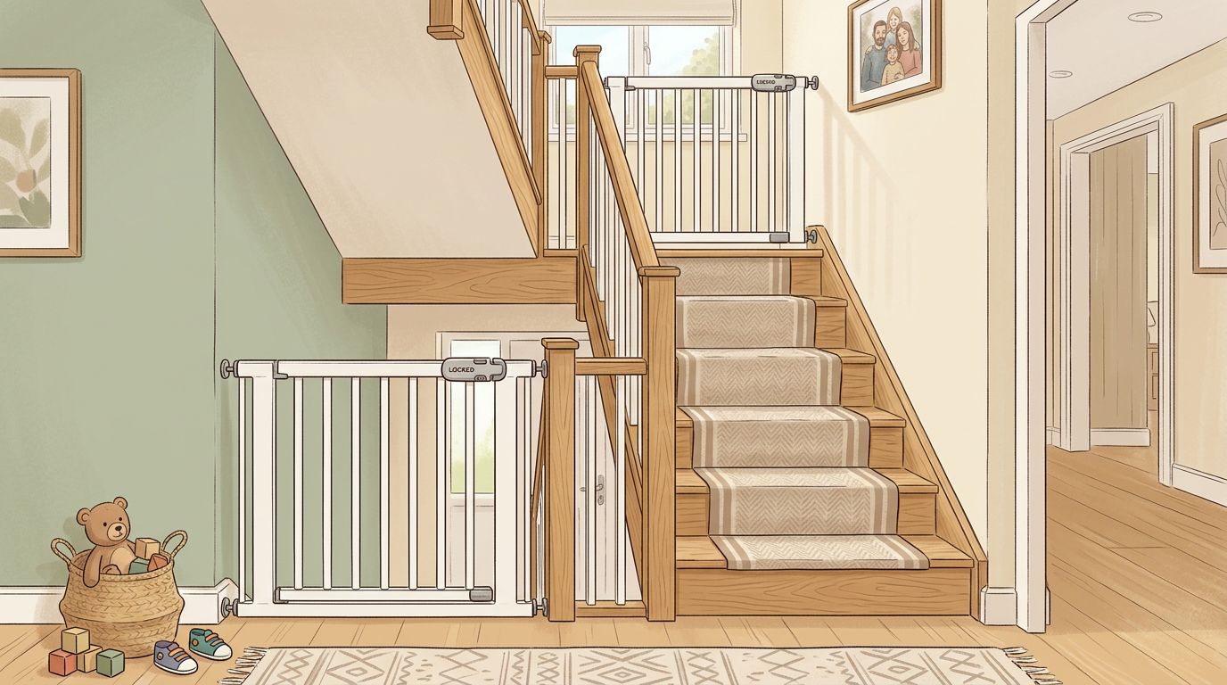Stair gates installed at top and bottom of a staircase