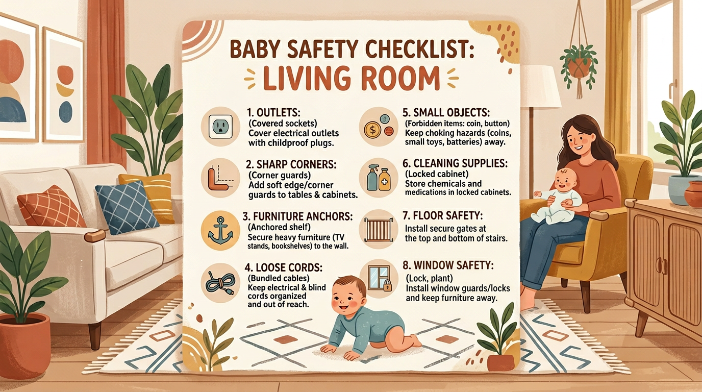 Living room checklist: focus on falls, cords, and tip-overs