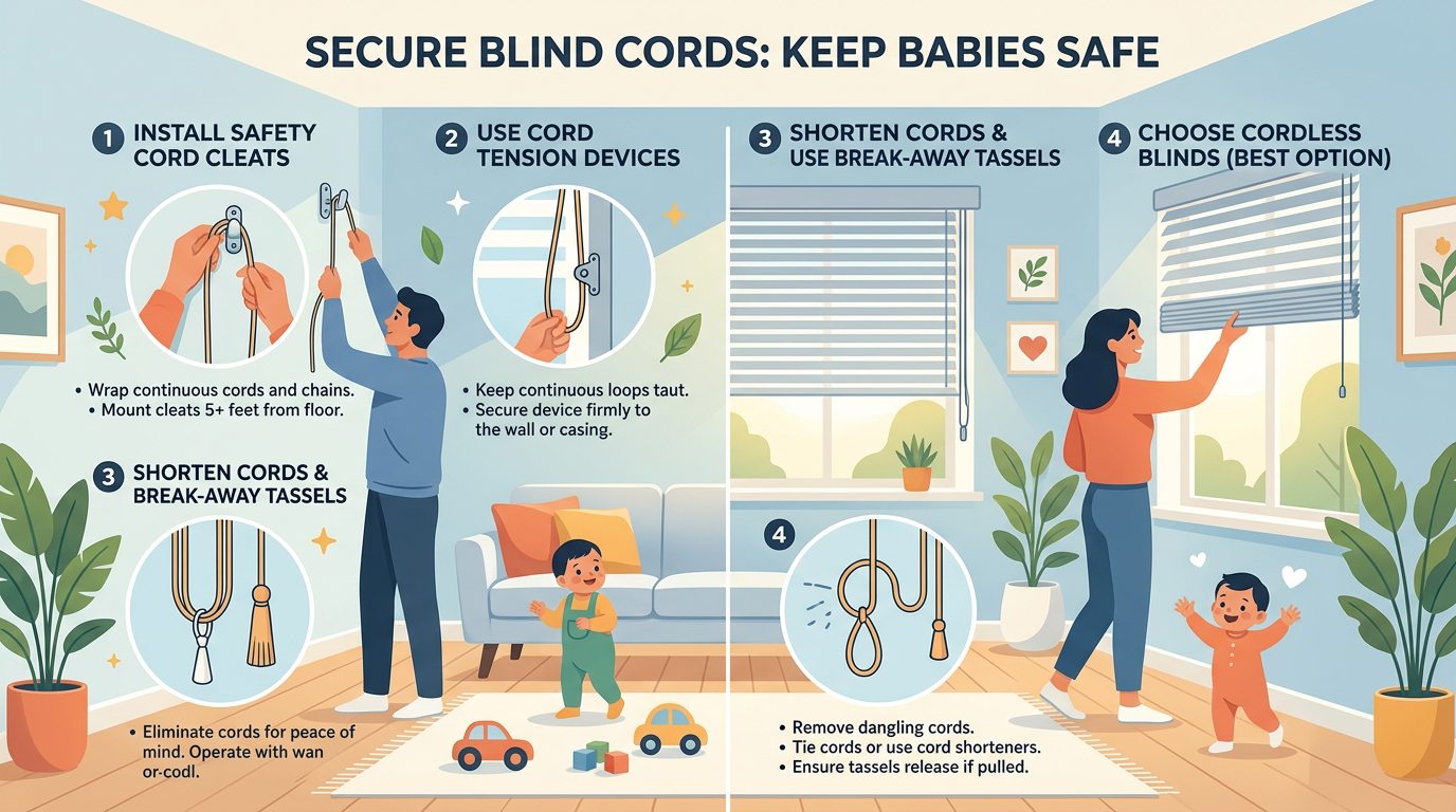 Secure blind cords, cables, and small hazards throughout the room
